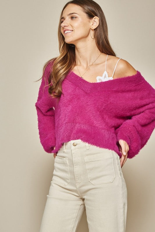 Cropped Fuzzy Sweater (Pink)