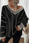 Striped V-Neck Loose Sweater (Black)