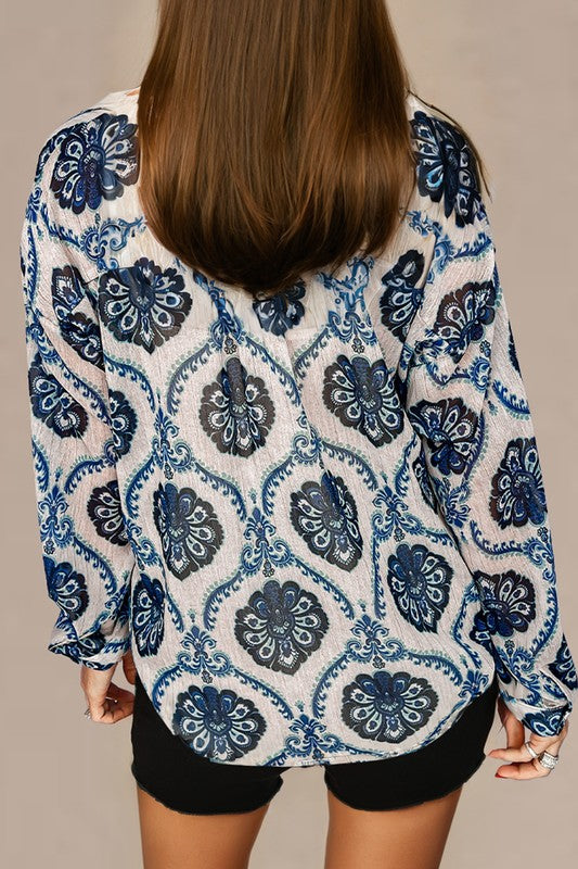 Button Front Patterned Blouse