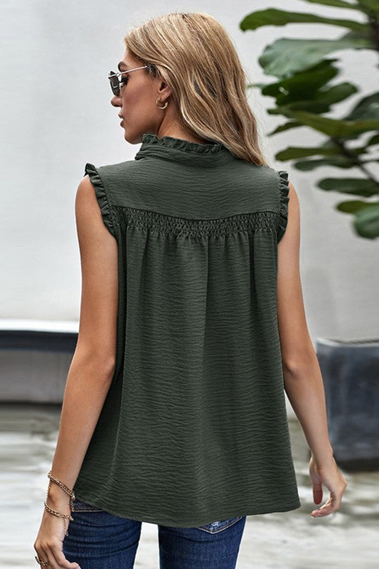 Ruffled Sleeveless Blouse (Dark Olive)