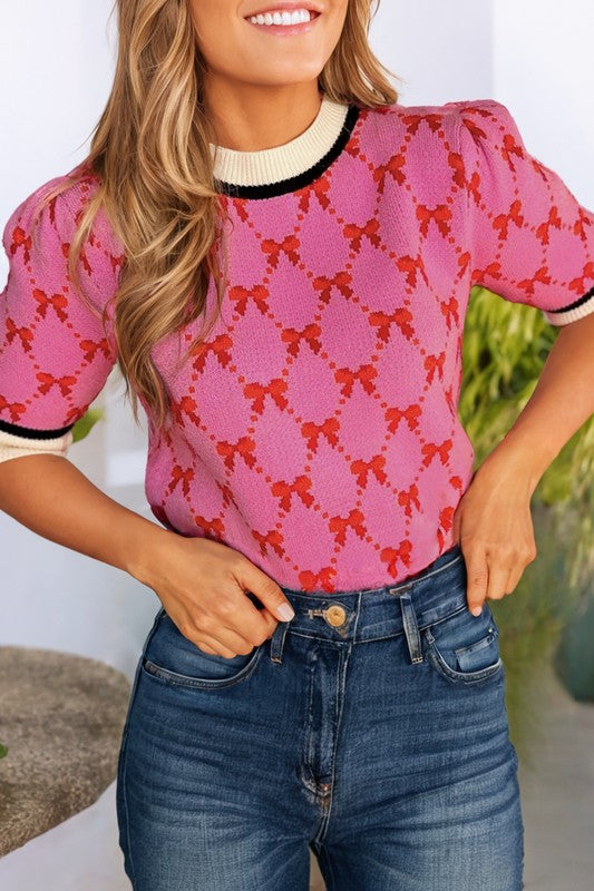 Bow Print Short Sleeve Sweater