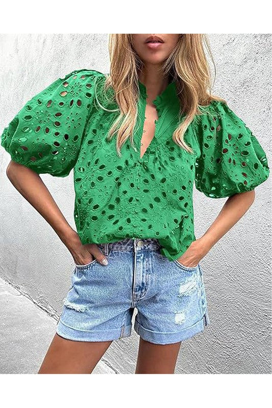 Button Front Eyelet Blouse (Green)