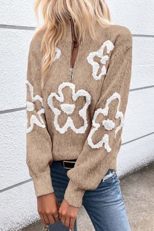 Flower Knit Half Zip Pullover Sweater