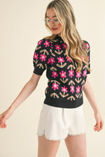 Floral Short Sleeve Sweater (Black)