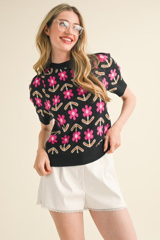 Floral Short Sleeve Sweater (Black)