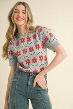 Floral Short Sleeve Sweater (Gray)