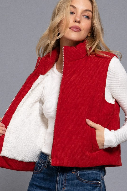 Corduroy Puffer Vest (Crimson)