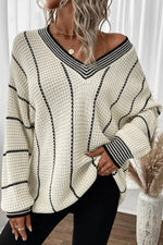 Striped V-Neck Loose Sweater (White)