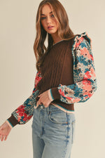 Cable Knit Sweater with Woven Floral Sleeves