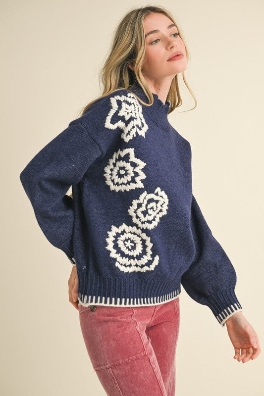 Flower Embroidered Mock Neck Sweater