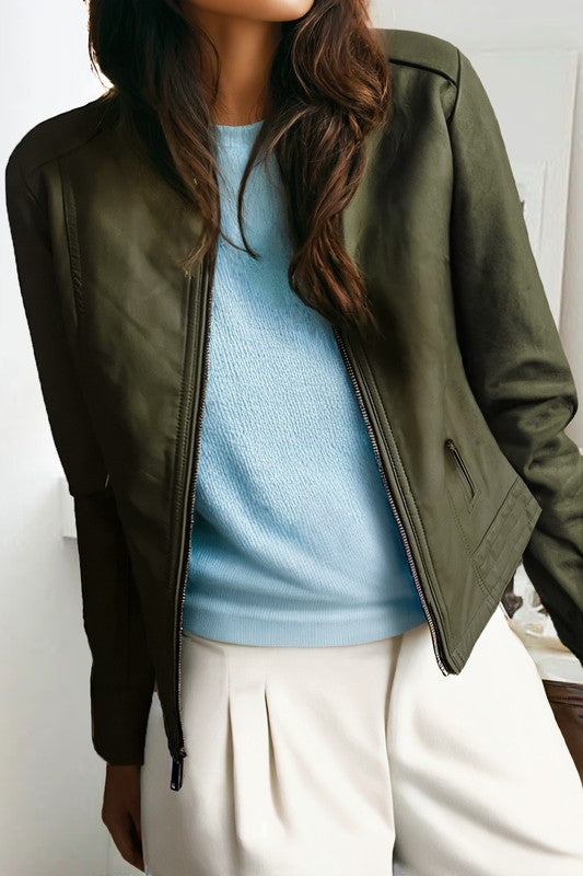 Faux Leather Bomber Jacket (Dark Olive)