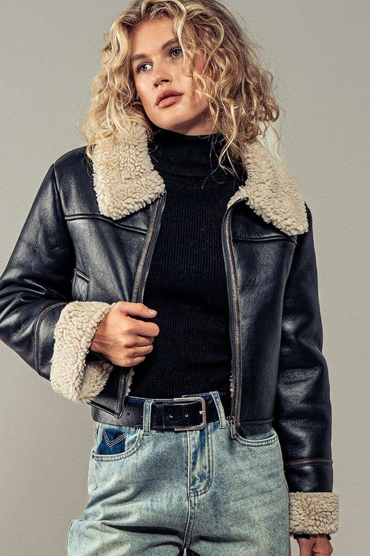 Faux Suede Cropped Bomber Jacket