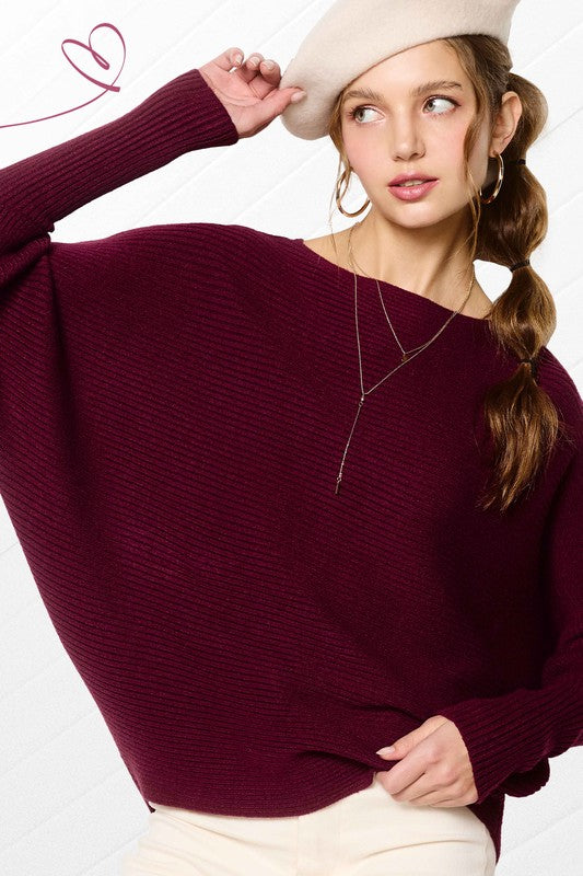 Ribbed Boatneck Bubble Sleeve Sweater (Burgundy)