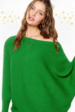 Ribbed Boatneck Bubble Sleeve Sweater (Green)