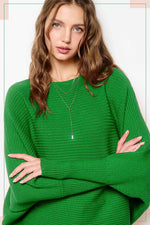 Ribbed Boatneck Bubble Sleeve Sweater (Green)