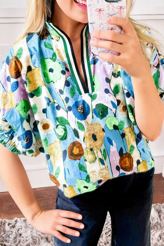Floral V-Neck Blouse (Blue)