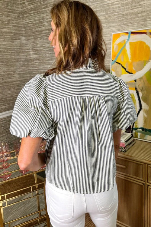Striped Bubble Sleeve Blouse (Black)