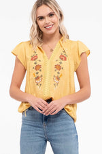 Embroidered V-Neck Top (Mustard)