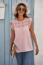 Lace Yoke Crepe Top (Pink)